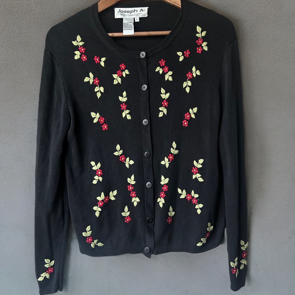 Joseph A. Black Silk Embroidered Floral Cardigan | 100% Silk | Size L